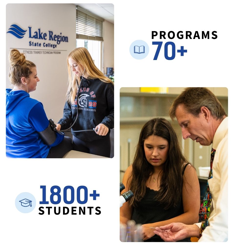 Images of students participating in hands-on training with text highlighting more than 70 programs and over 1,800 students enrolled.