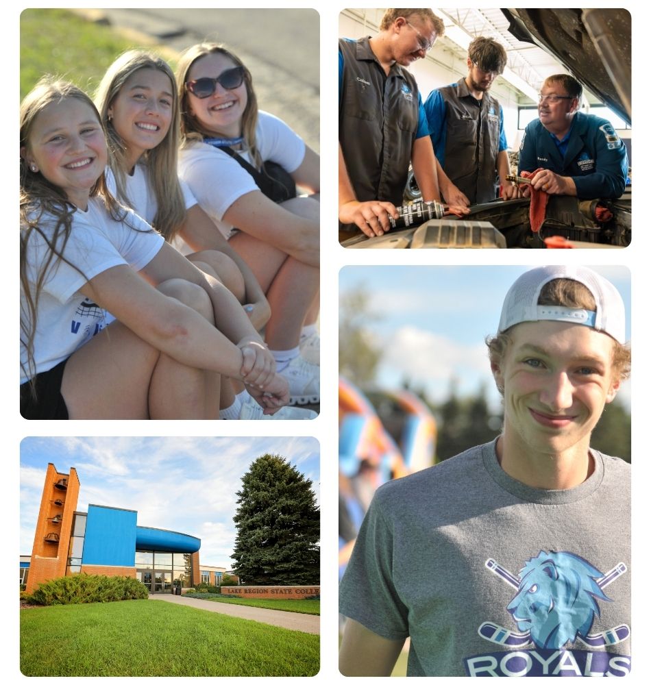 Collage of Lake Region State College students shown in outdoor activities, hands-on technical training, and on-campus learning environments.