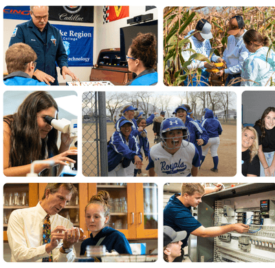 Collage of Lake Region State College students and instructors engaged in hands-on learning, including classroom instruction, agricultural fieldwork, laboratory activities, athletic team moments, and technical training environments.