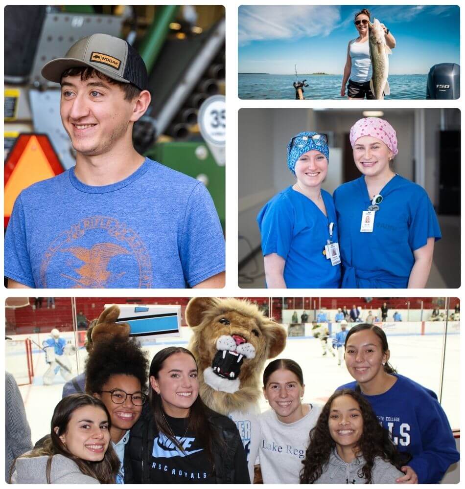 Collage of Lake Region State College students and campus life, including a student near farm equipment, a student fishing on a lake, healthcare students in scrubs, and a group of students with the Royals mascot at a hockey game.