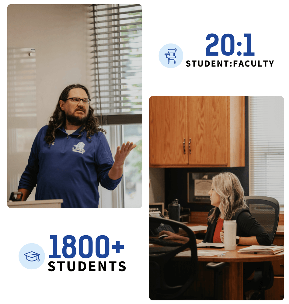 Instructor teaching in a classroom, student working at a desk, with text reading “20:1 student‑faculty” and “Students 1800+.”