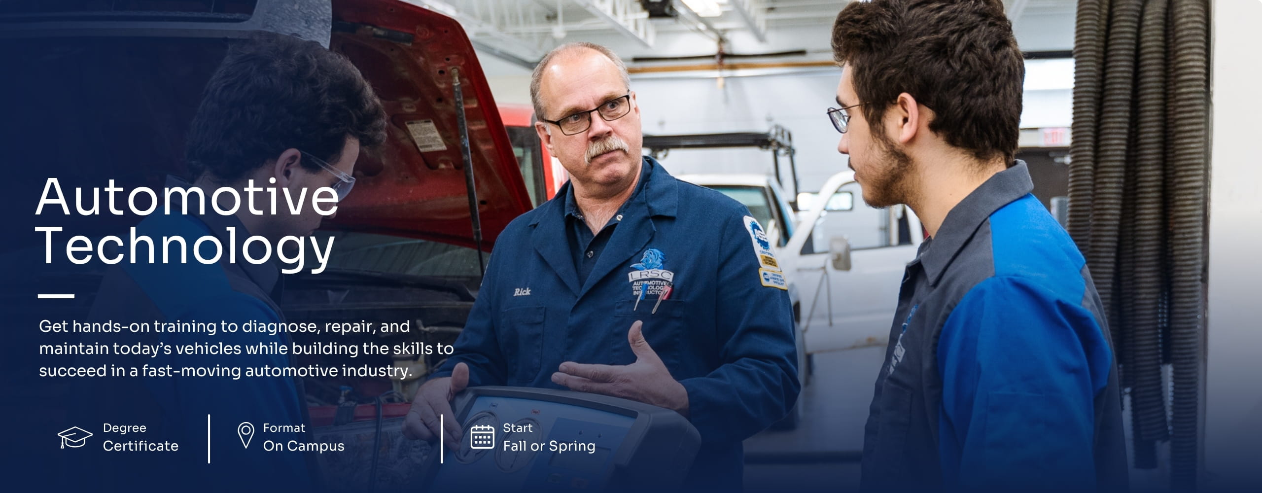 Automotive Technology Banner featuring an instructor and two students. 