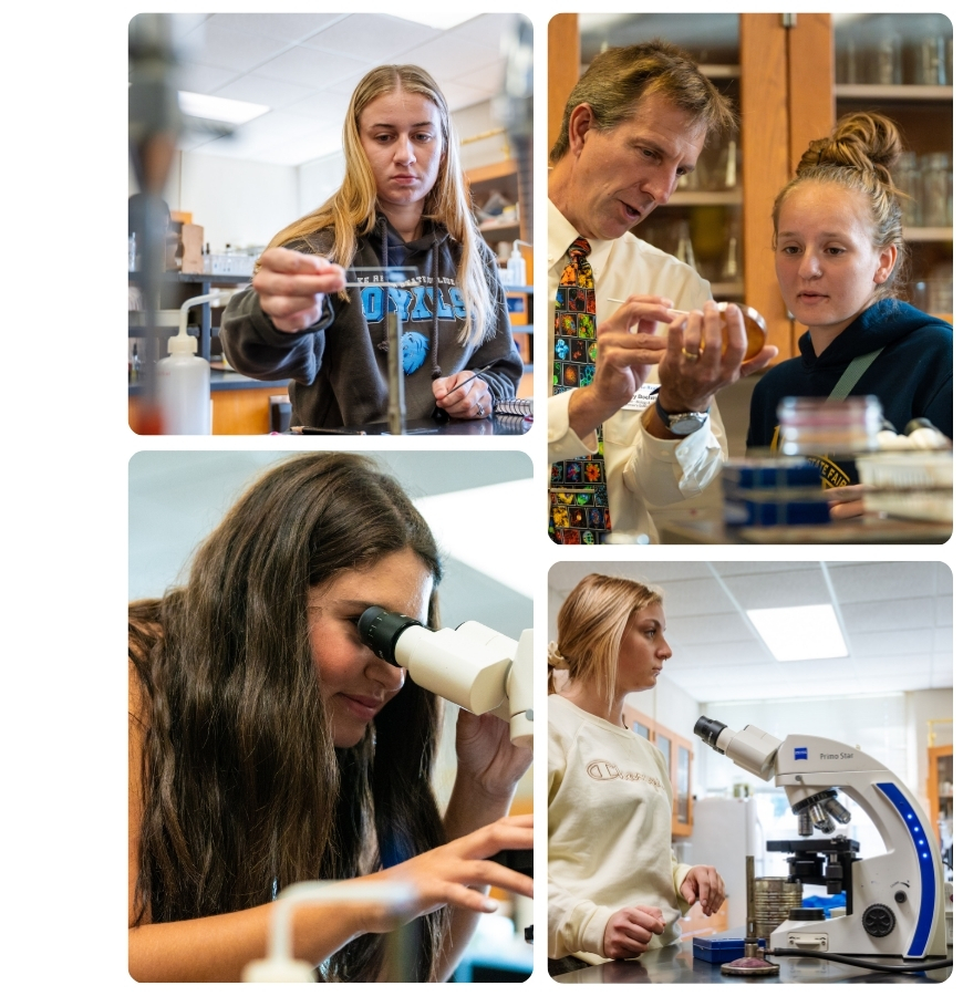 Students conducting science experiments and using microscopes in a biology lab.