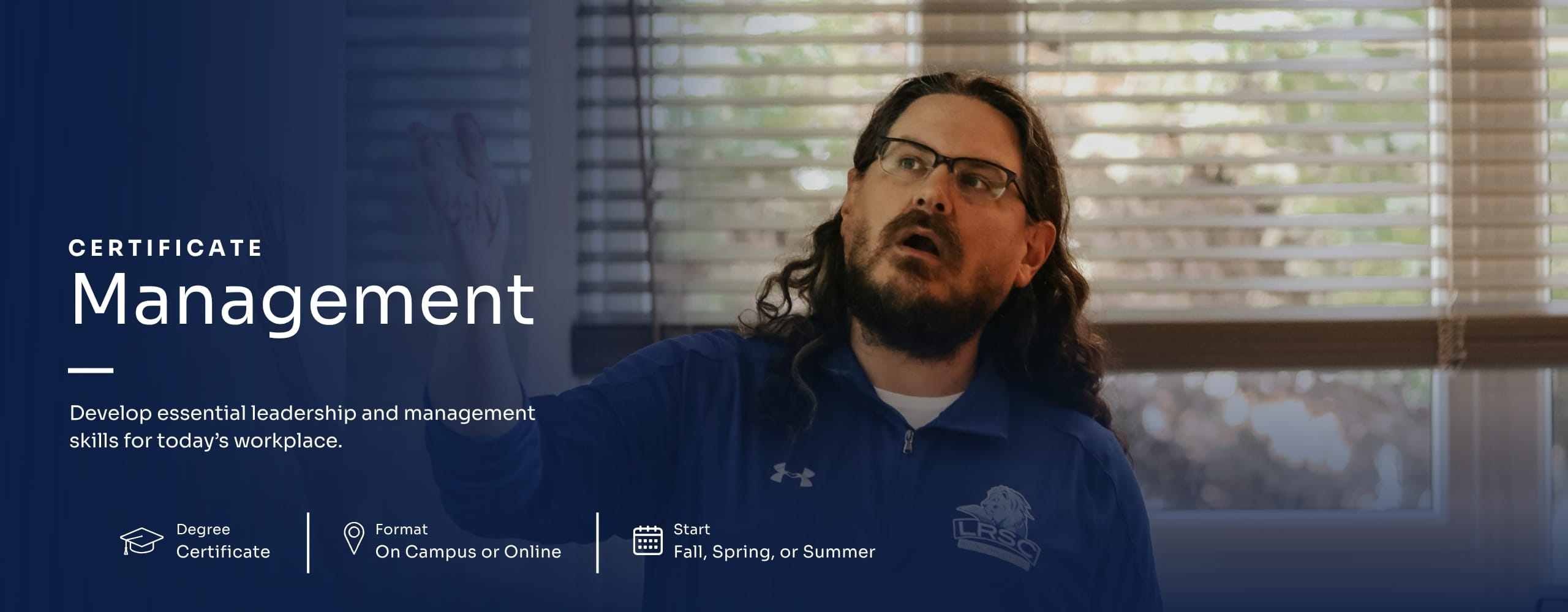 Management Certificate promotional graphic featuring an instructor presenting in a classroom, with program information displayed on a blue overlay.