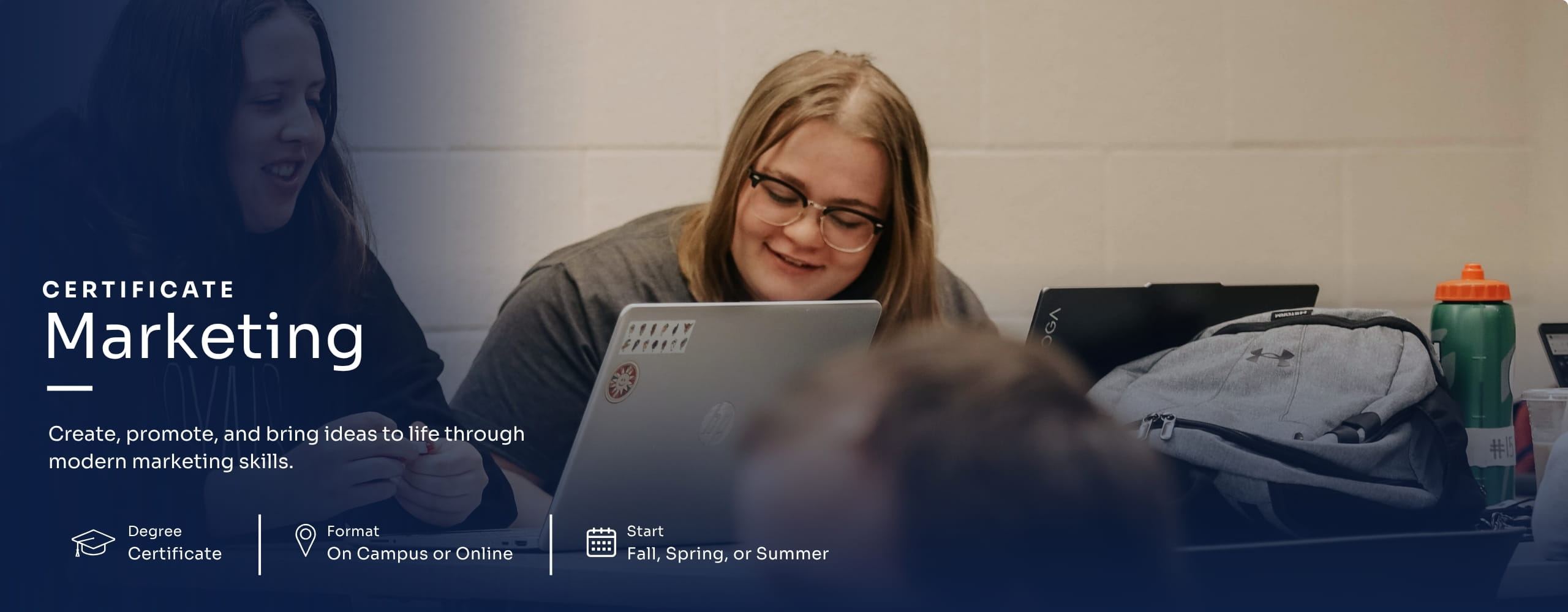 Marketing Certificate promotional graphic featuring an instructor presenting in a classroom, with program information displayed on a blue overlay.