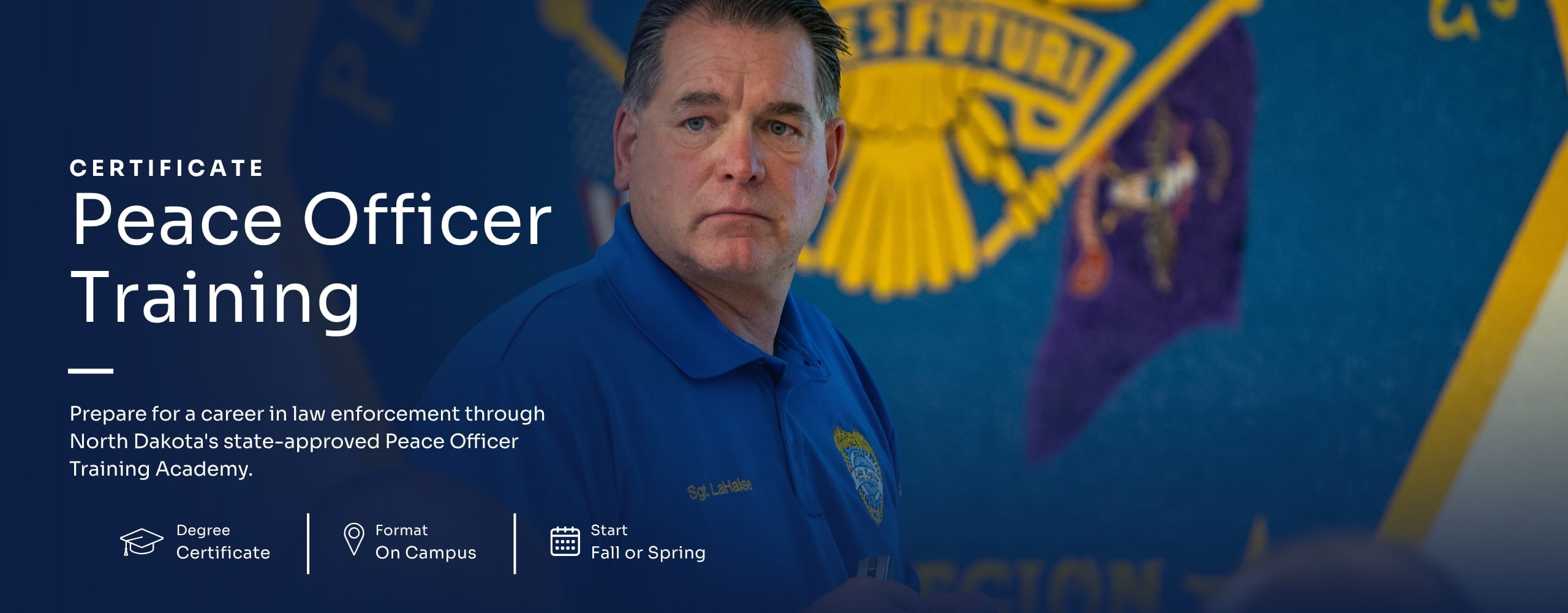 Promotional graphic for Peace Officer Training featuring a student in a blue uniform shirt with program information displayed on a blue and gray background.