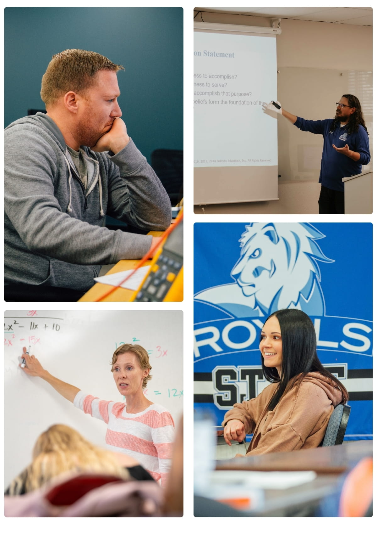 Collage of classroom learning environments featuring students studying, instructors teaching, and classroom discussions at a college.