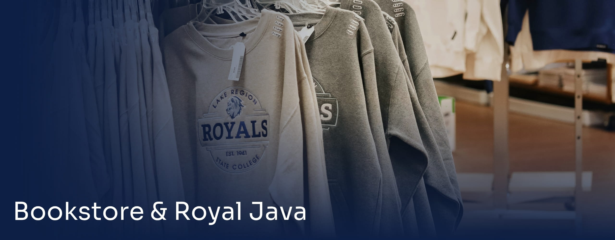 Bookstore & Royal Java Banner featuring sweatshirts on a rack in the bookstore.