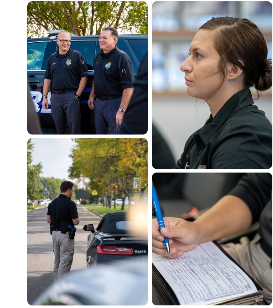 Students and law enforcement professionals participate in classroom instruction, training exercises, and report-writing activities.