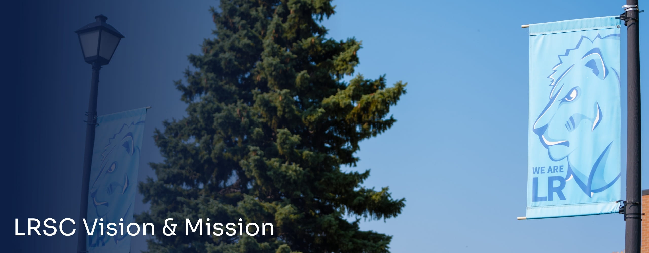 LRSC campus banner displayed beside a large evergreen tree.