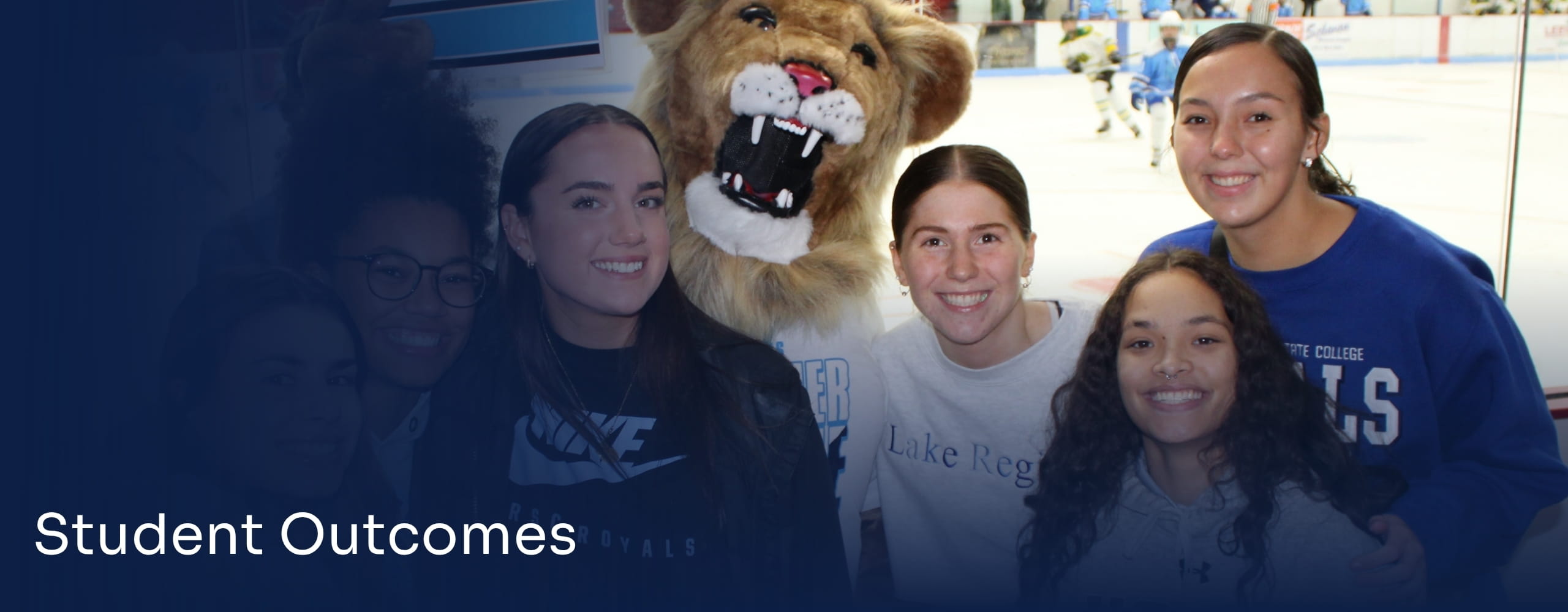 Students gathered with the LRSC mascot at a campus event.