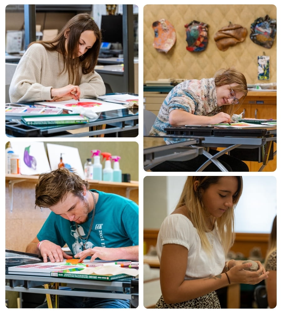 Students creating artwork and working on hands-on projects in an art classroom.