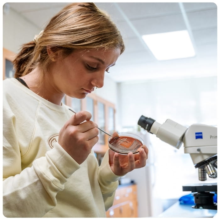 Student in a biology classroom during lab.