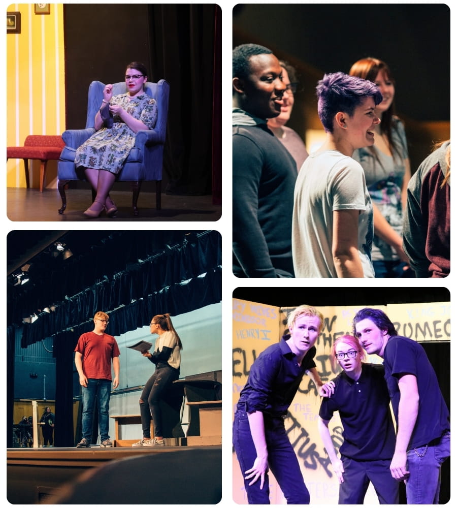 Students rehearse scenes together on a theater stage during a drama production.