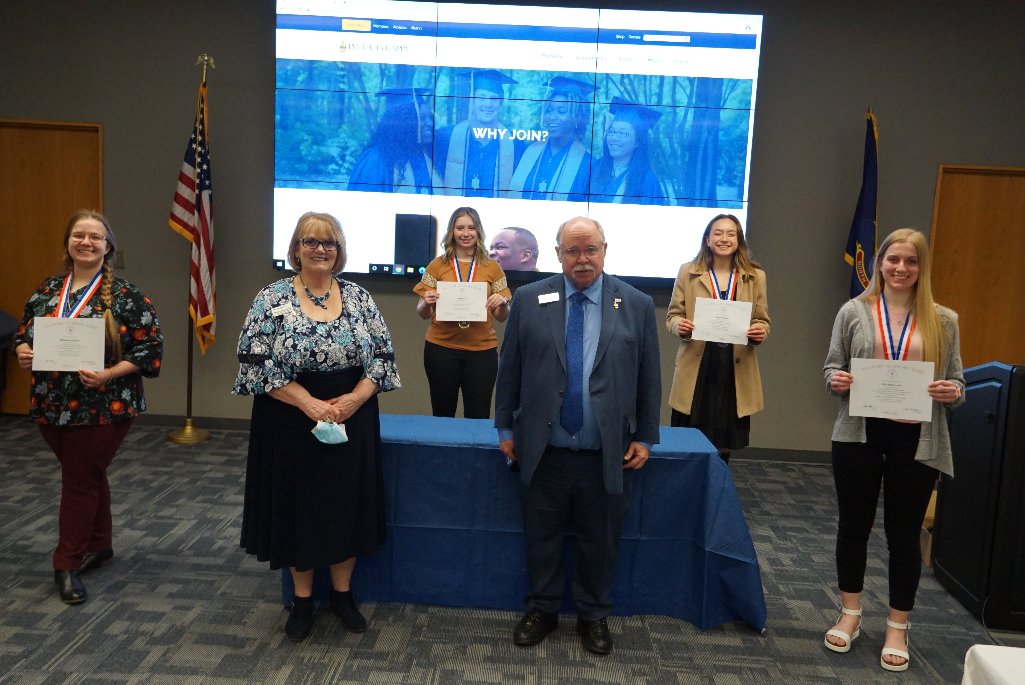 Left to right: Amanda Lang and Breonna Rance Front left to right Rhiannon Giguere, Teresa Tande, Dr. Doug Darling, Mya Halverson