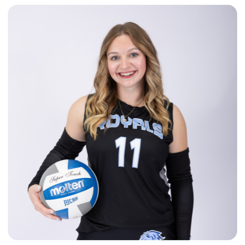 Studio portrait of a Lake Region State College volleyball player wearing a black jersey with the number 11 and holding a Molten volleyball against a light background.