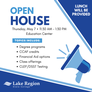 Graphic promoting LRSC–GFAFB Open House on Thursday, May 7, from 11:30 a.m. to 1:30 p.m. at the Education Center. Learn about degree programs, CCAF credits, financial aid, class offerings, and CLEP/DSST testing. Lunch will be provided.