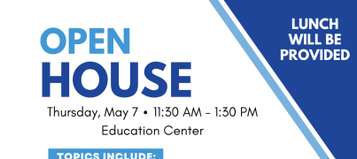 Graphic promoting LRSC–GFAFB Open House on Thursday, May 7, from 11:30 a.m. to 1:30 p.m. at the Education Center. Learn about degree programs, CCAF credits, financial aid, class offerings, and CLEP/DSST testing. Lunch will be provided.
