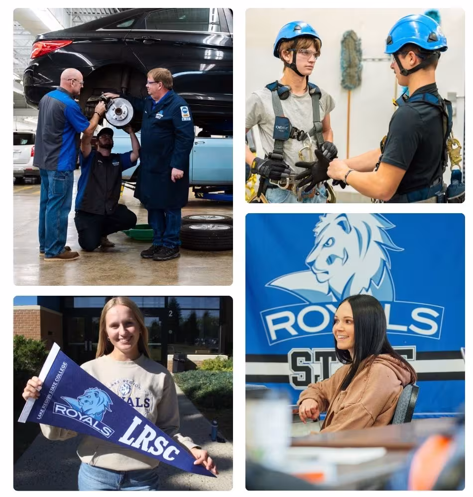 Collage of images showing students participating in classroom instruction and hands-on training activities.