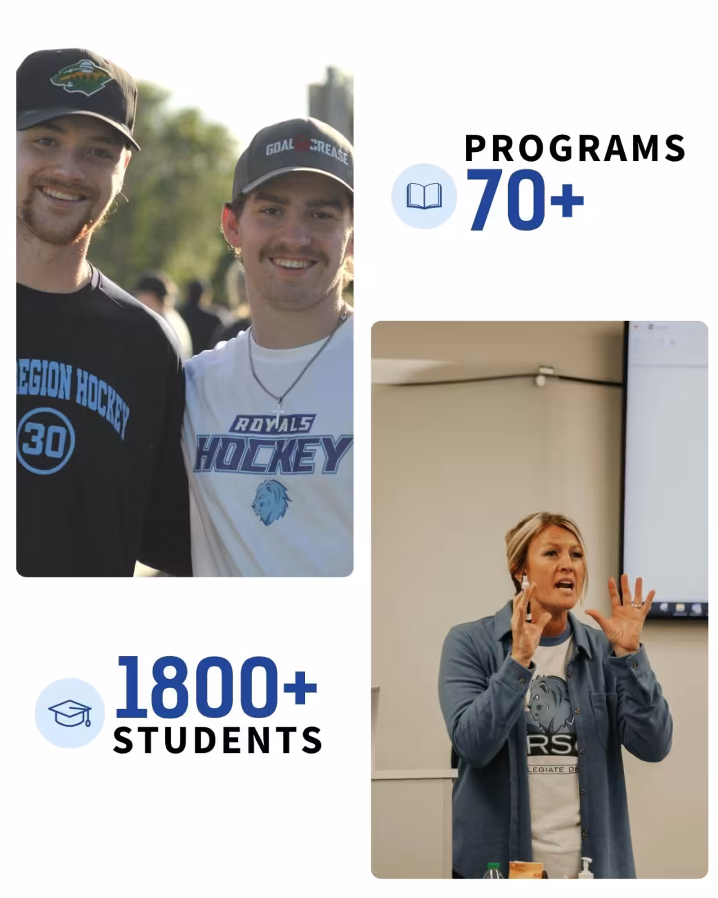 Graphic showing Lake Region State College students and an instructor on campus, with text reading “Programs 70+” and “1800+ students.”