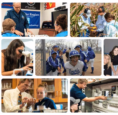 Collage of Lake Region State College students and instructors engaged in hands-on learning, including classroom instruction, agricultural fieldwork, laboratory activities, athletic team moments, and technical training environments.