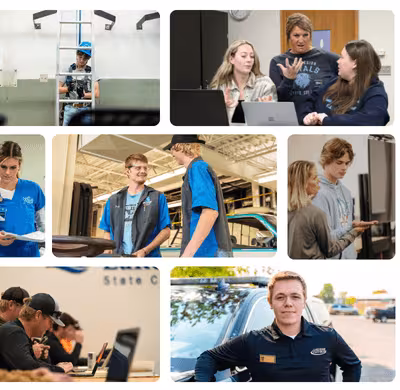 Collage of Lake Region State College students and instructors engaged in classroom learning, hands-on technical training, group collaboration, and professional skill development in campus and workplace settings.