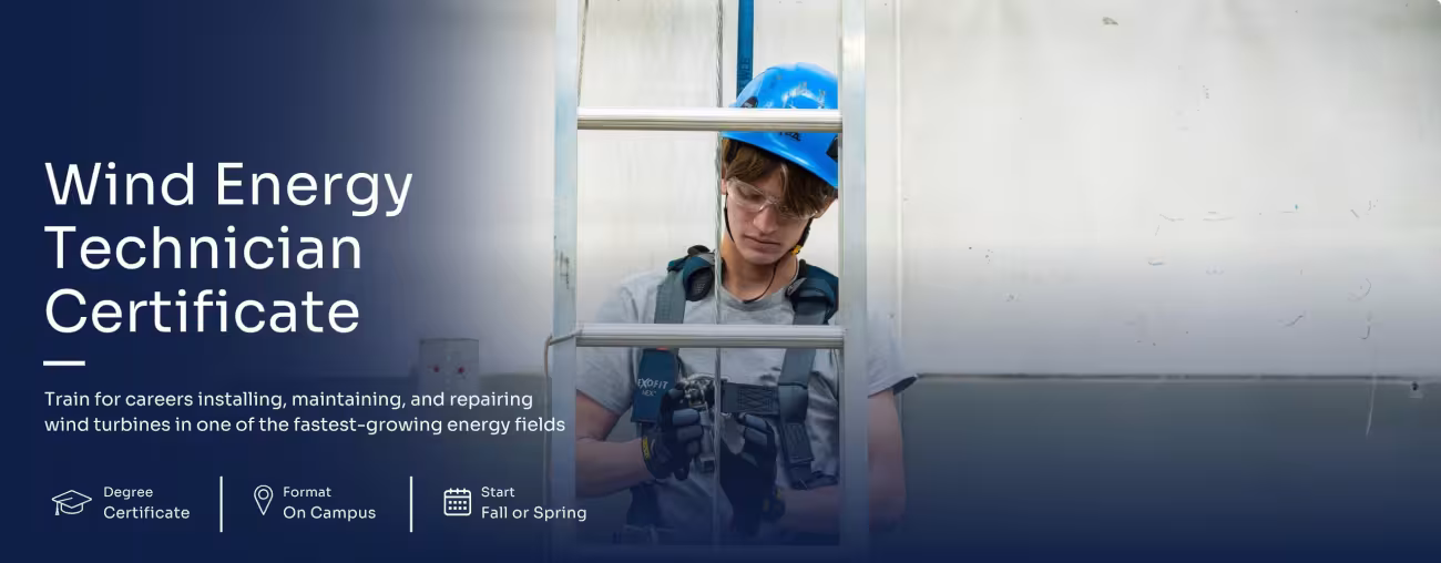Student wearing a hard hat and safety harness working on equipment while standing on a ladder, representing wind energy technician training with program title and details displayed.