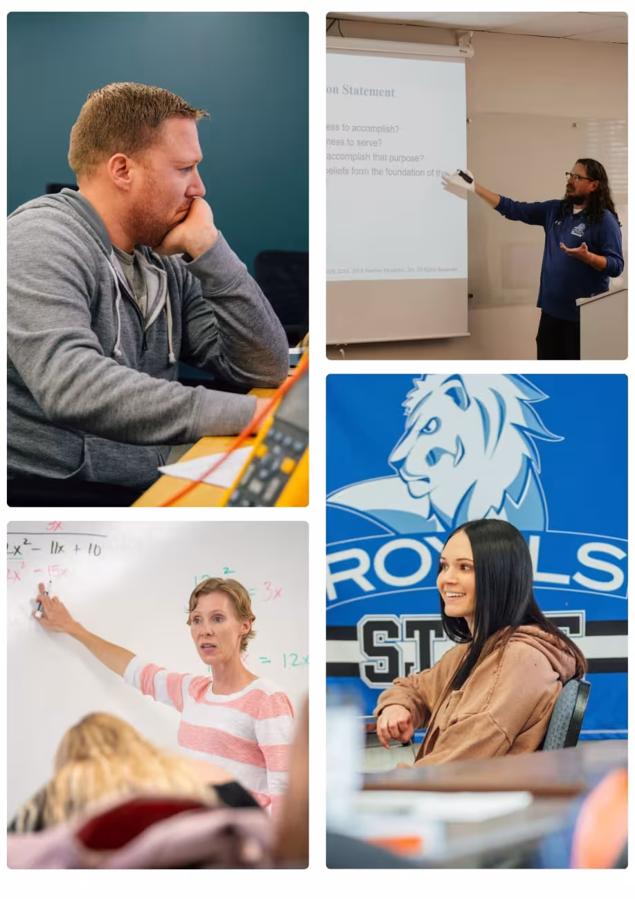 Collage of classroom learning environments featuring students studying, instructors teaching, and classroom discussions at a college.