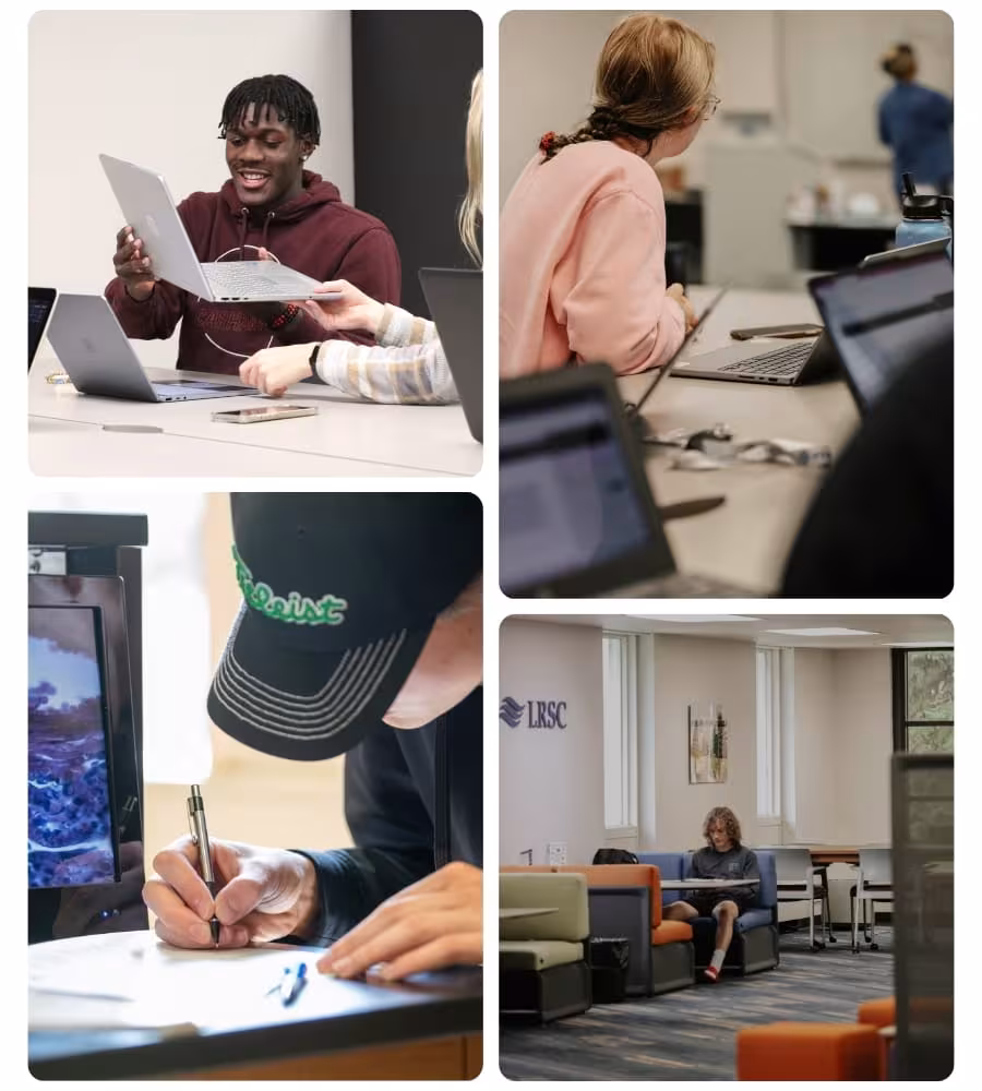 Students engaged in learning and study activities across campus.
