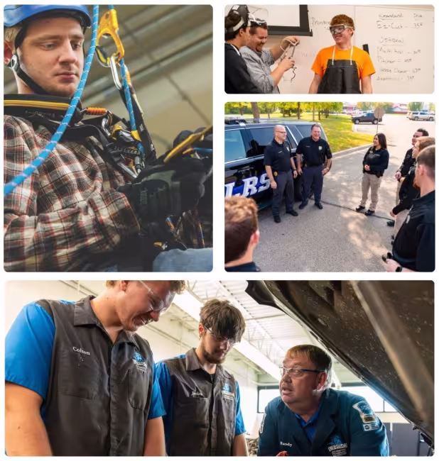 Collage of images showing students participating in classroom instruction and hands-on training activities.
