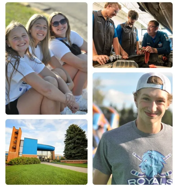 Collage of Lake Region State College students shown in outdoor activities, hands-on technical training, and on-campus learning environments.