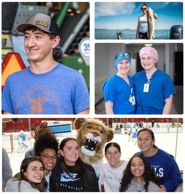 Collage of Lake Region State College students and campus life, including a student near farm equipment, a student fishing on a lake, healthcare students in scrubs, and a group of students with the Royals mascot at a hockey game.