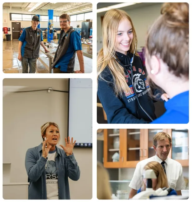 Collage of students and instructors engaged in hands-on learning, classroom discussion, and technical training activities.