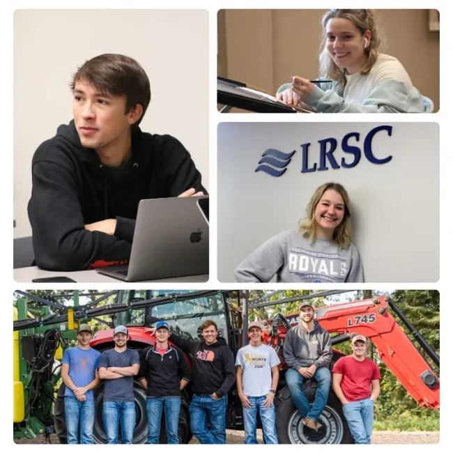 Collage of students on campus collaborating with laptops in a classroom, working at computers, writing notes at a desk, and studying in a lounge area.
